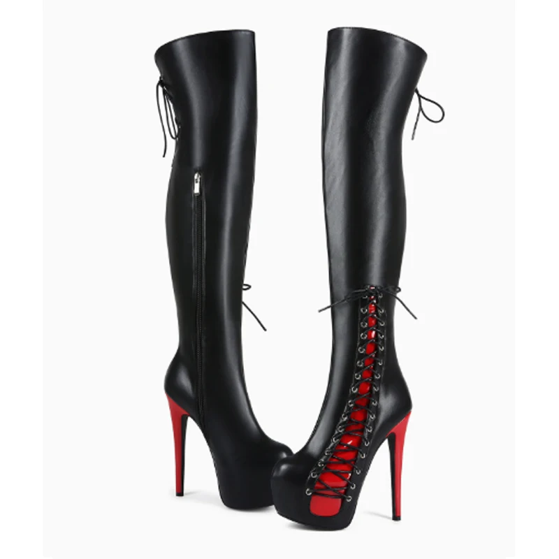 Black Red Color Blocking Lace-Up Over-The-Knee Boots Woman Winter 2026 Stiletto Platform Super High Heel Dance Performance Shoes