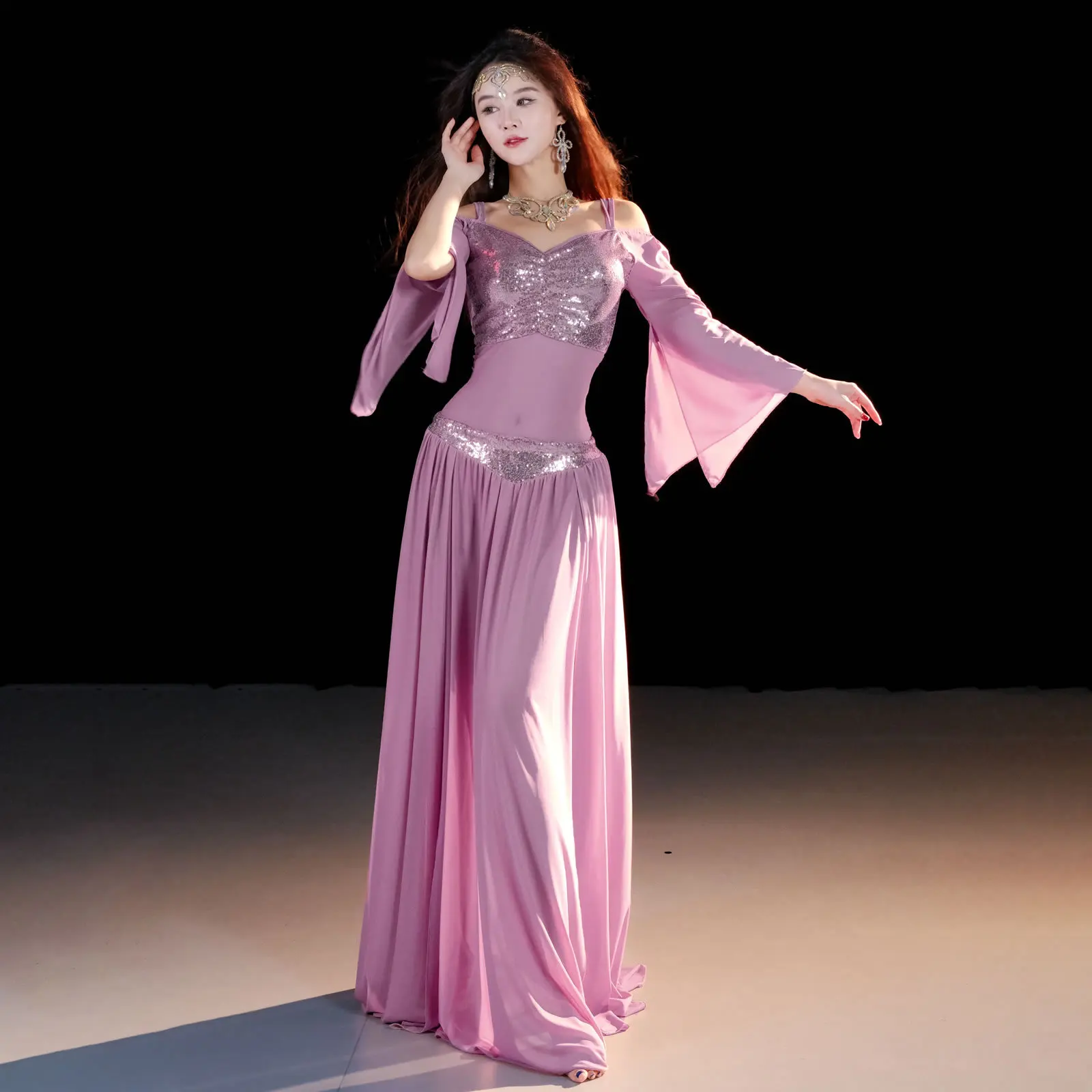 

Belly Dance Costumes Oriental Transparent Long Sleeve Top Long Skirt Set Indian Clothes Women Female Party Ballroom Outfit New