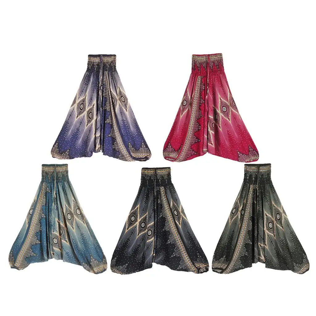 Floral Printed Wide Leg Harem Pants Soft Cotton Smocked Waist Yoga Trousers Comfy Maternity Beach Pants for Ladies