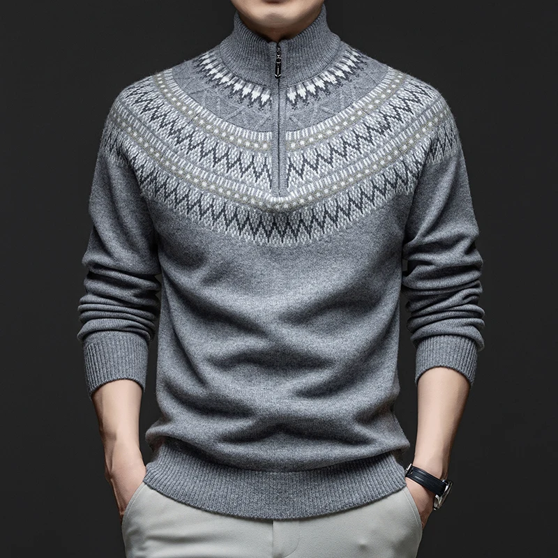 100% de lana de Cachemira con patrones Retro para hombre, jersey de lana de oveja a rayas a la moda, suéter de manga larga con cremallera, Jersey, Tops cálidos