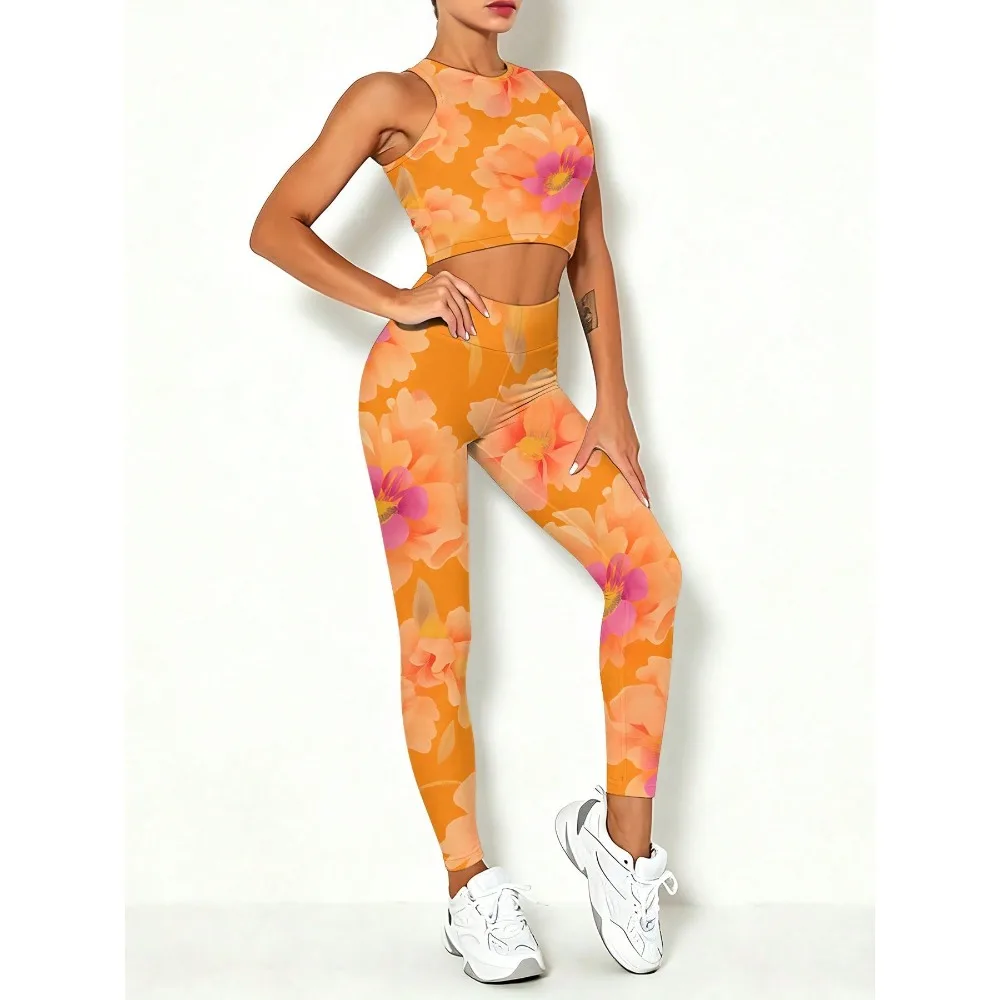 

Floral Print Women's Tank Top And Yoga Pants Set Orange Pink Flower Pattern 2026 Summer New Style For Workout And Gym Sessions 3D Printing High Elasticity Fabric Soft Comfortable Wear For Active Lifestyle