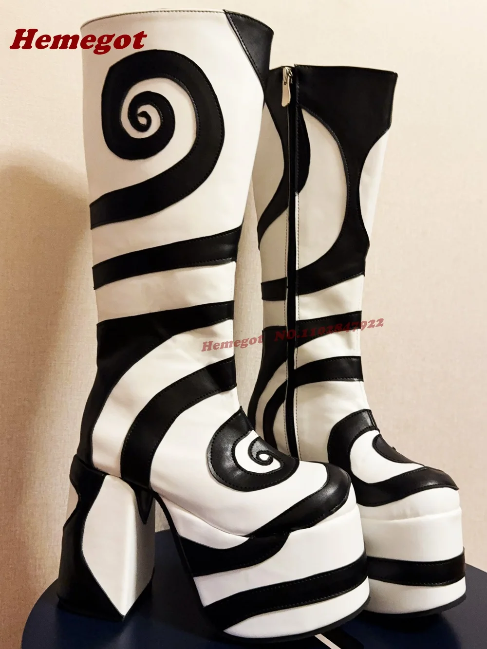 

Pink Black Platform Chunky Heels Knee High Boots Round Toe Side Zipper Patchwork Gothic Women's Long Boots Leather 2026 New