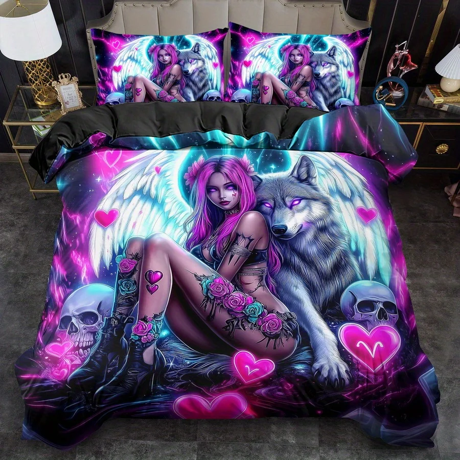Gothic Angel And Wolf Print Duvet Cover Set - King Queen Size Machine Washable Quilt Bedding Decoration