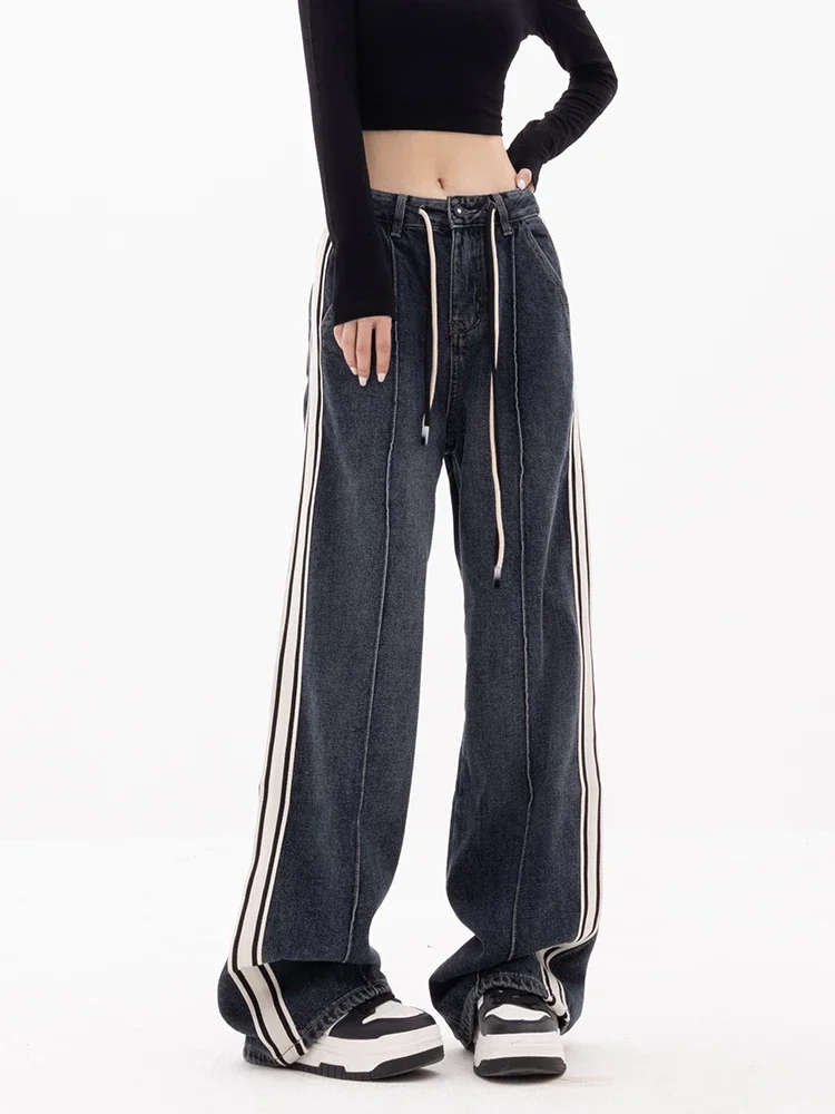 Fashion Vintage Pantalones Striped Contrast Color High Waist Lace Up Jeans Spring Autumn Loose All Match Pantalon Oversized 2024