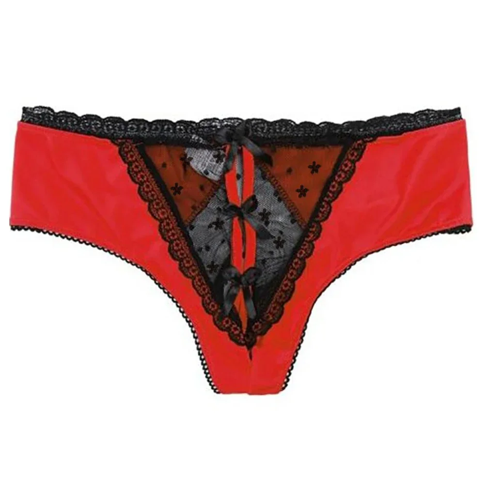 Women's Sexy Underwear See Through Lace Open Crotch Lingerie Bowknot Hollow Ultra-Thin Underpants Breathable Panties