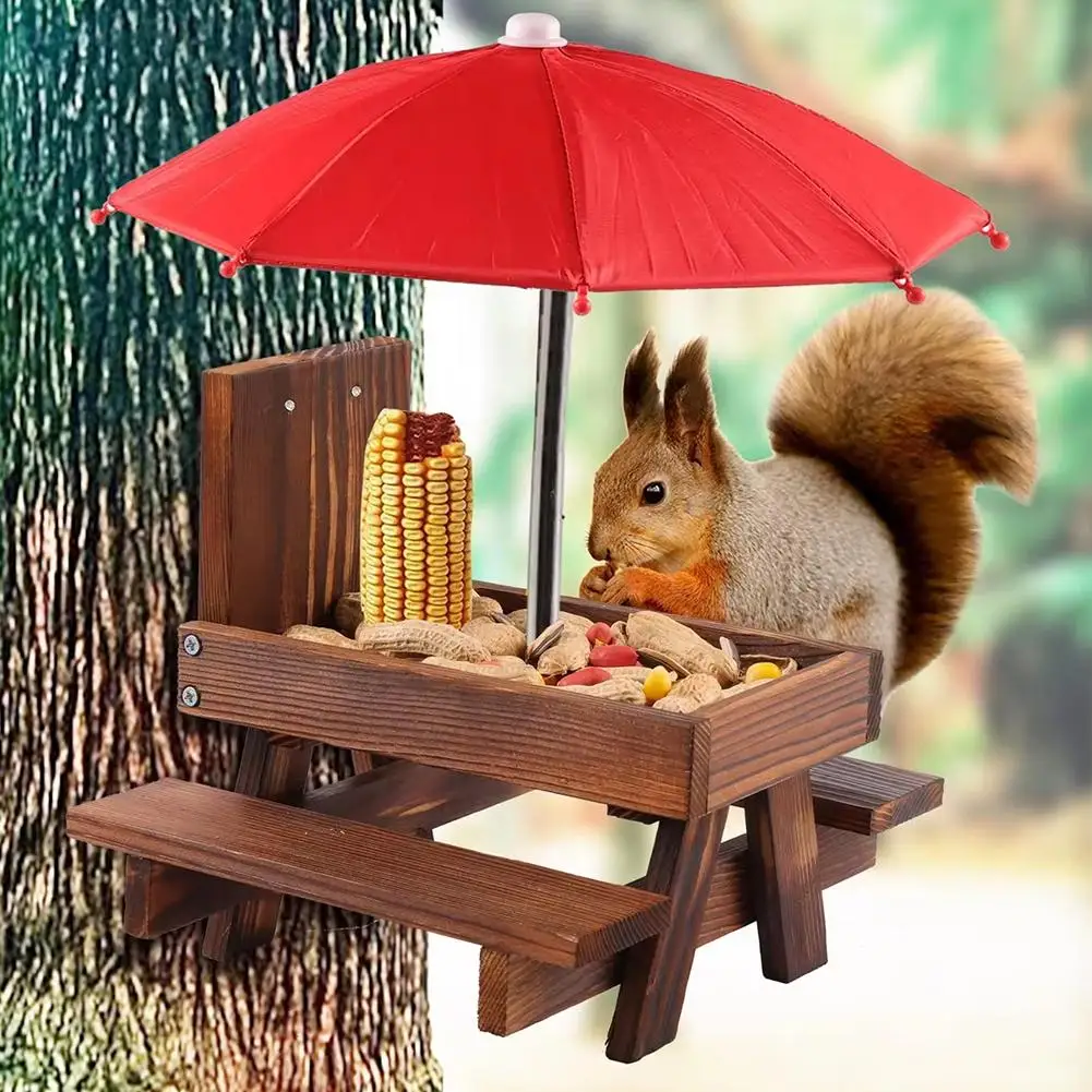 Pet Feeder Wooden Bird Squirrel Feeder Functional Pet Feeding Table With Mini Umbrella Picnic Table Bench Home Garden Decoration