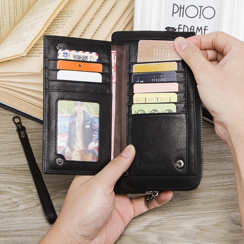 CONTACT'S Wristlet Bag Genuine Leather RFID Cellphone Wallet Men's Clutch Wallets Men Credit Card Holder Male Long Purse Zipper