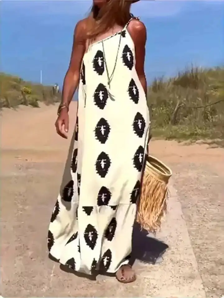 

Женское платье без рукавов с наклонными плечами, свободное платье с богемным принтом, летние сексуальные вечерние платья, модные сексуальные женские топы P39H