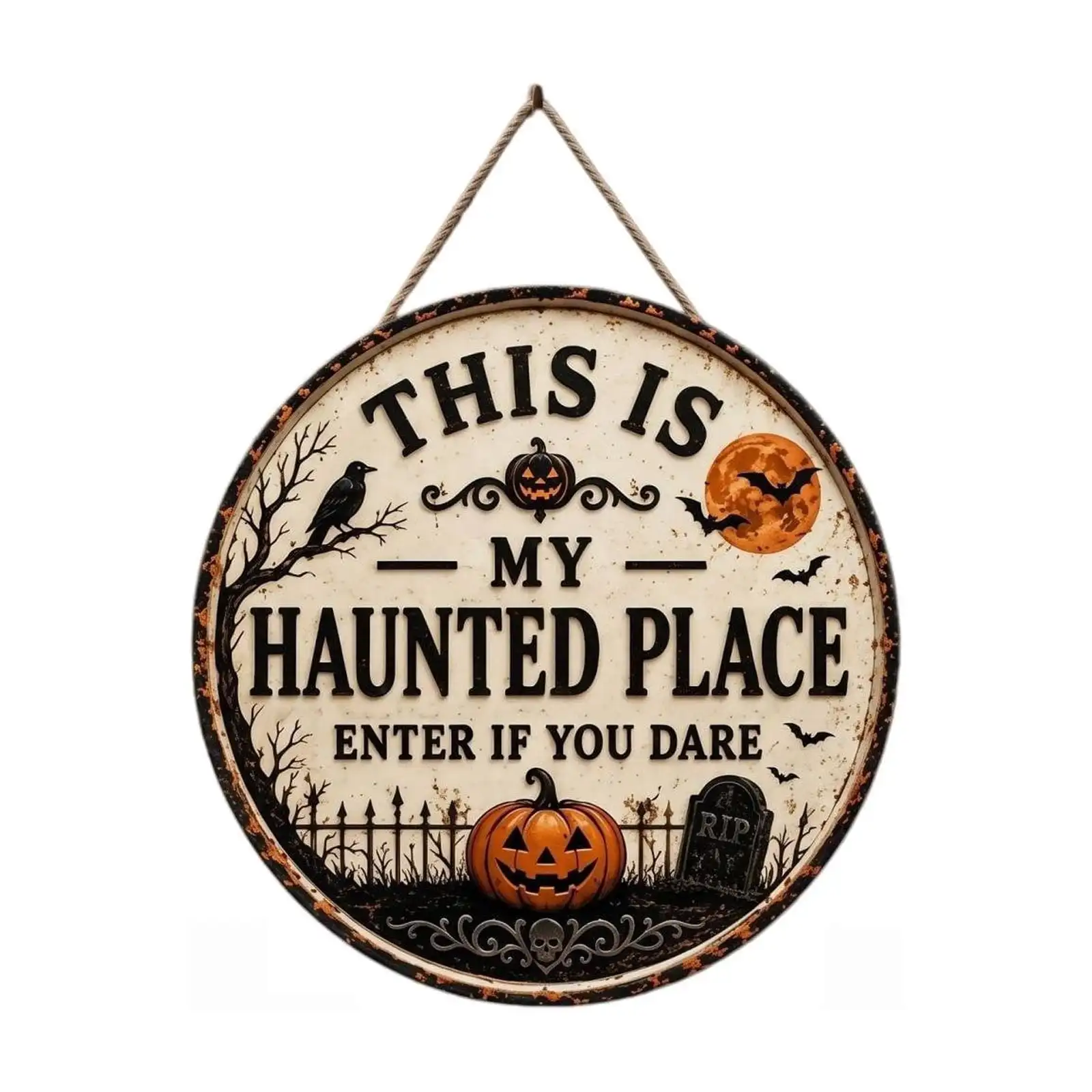 Halloween Door Hanger Sign, Round Halloween Front Door Sign with Spooky Graveyard Pumpkin Crow Welcome Design