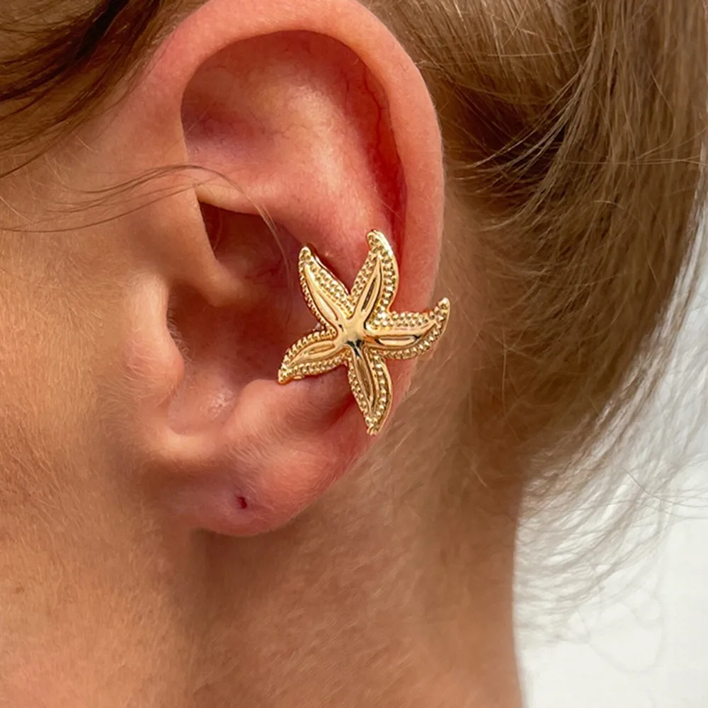 Trend Flower C Shape Ear Cuff Golded Silver Starfish Shell Ring Clip Metal Vacation Style No Piercing Earrings Party