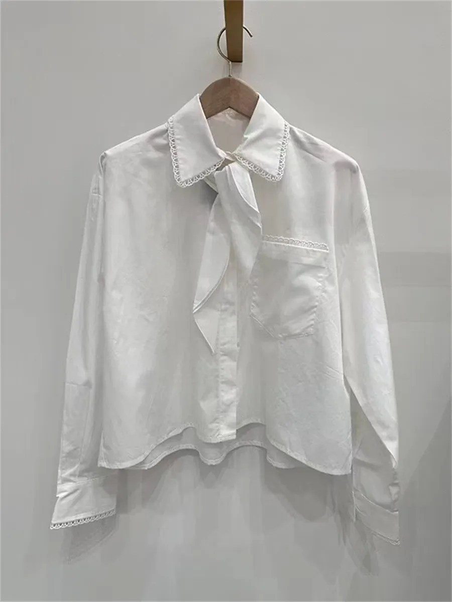 

French Sle Cotton Blend irt Women's Spring Summer Knot Trim Loose Fit Long Sve Breathable Comfortable