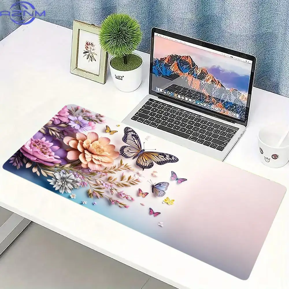 Watercolor Floral Butterfly Large Desk Mat Gaming Mouse Pad Non Slip Rubber Stitched Edge Keyboard Mat For Office Desktop Decor