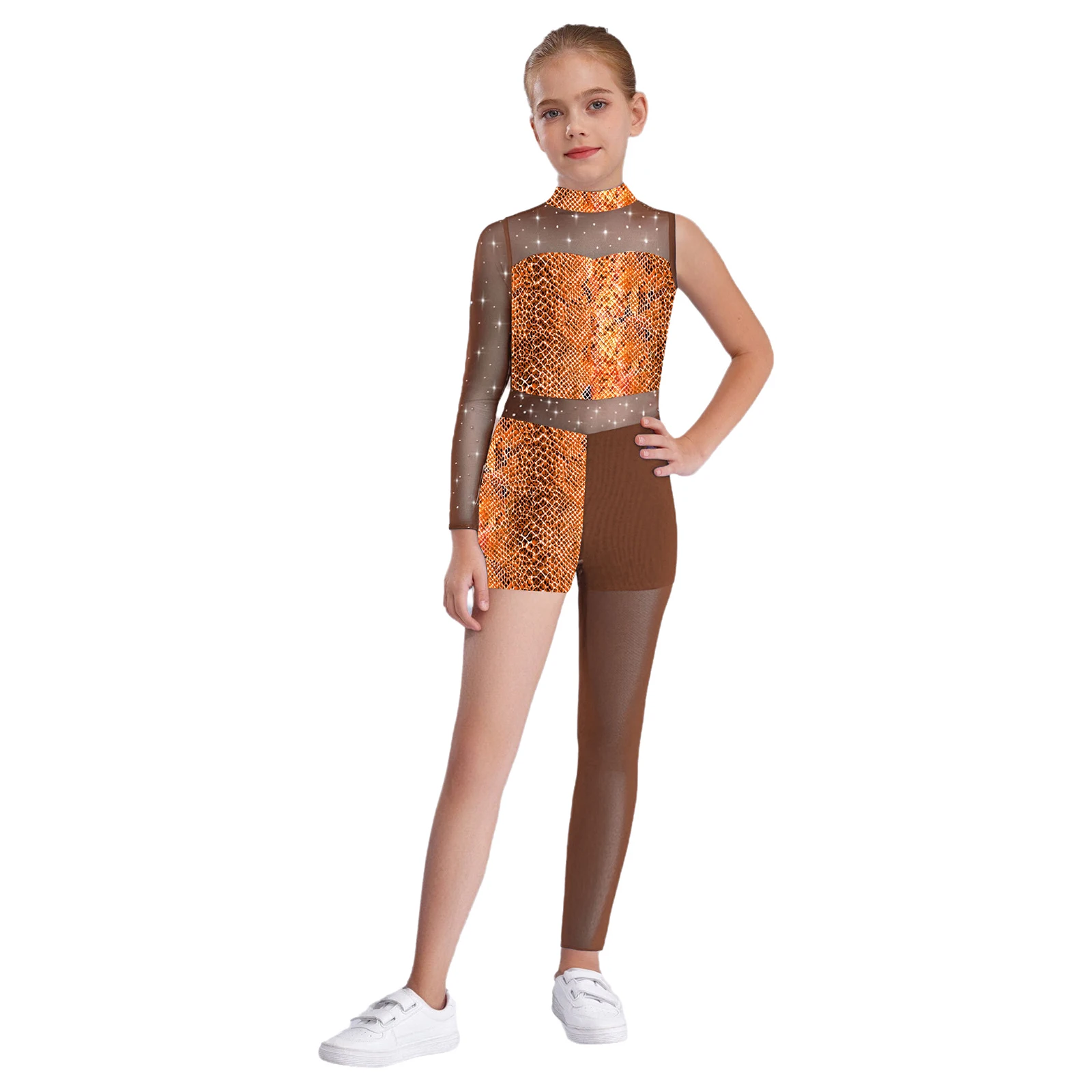 

Kids Girls Printed Gymnastics Bodysuit Shiny Rhinestones Sheer Mesh Patchwork Asymmetrical Leotard Figure Skating Dance Jumpsuit