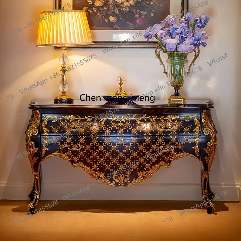 cqy  American retro solid wood painted entrance cabinet copper carving dining side cabinet living room advanced decorative cabin