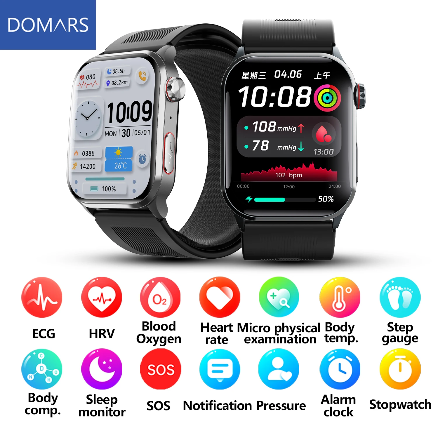 

Domars Unisex Smartwatch 2.1-inch Medical-Grade ECG Smartwatch, Sleep Monitoring Bluetooth Calling Electronic Wristwatch