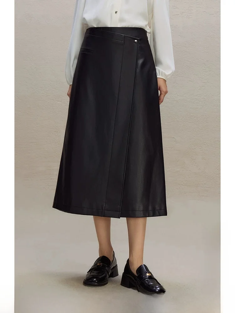 

High Waist PU Leather Midi Skirt Women's A-Line Skirt Slimming Design Winter 2023 Commute Style Button Zipper Detail