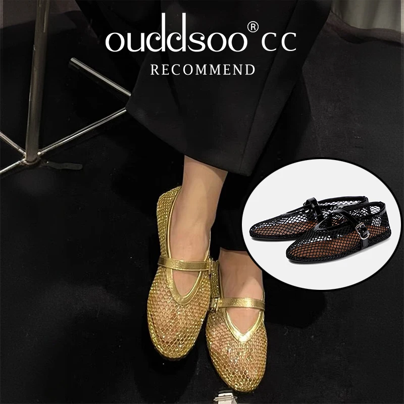 Ods Women Mary Jane Flat Heels Mesh Buckles Cut Outs Ventilate Black Casual Summer Round Toe Shoes Woman Gold Black Large 41 42