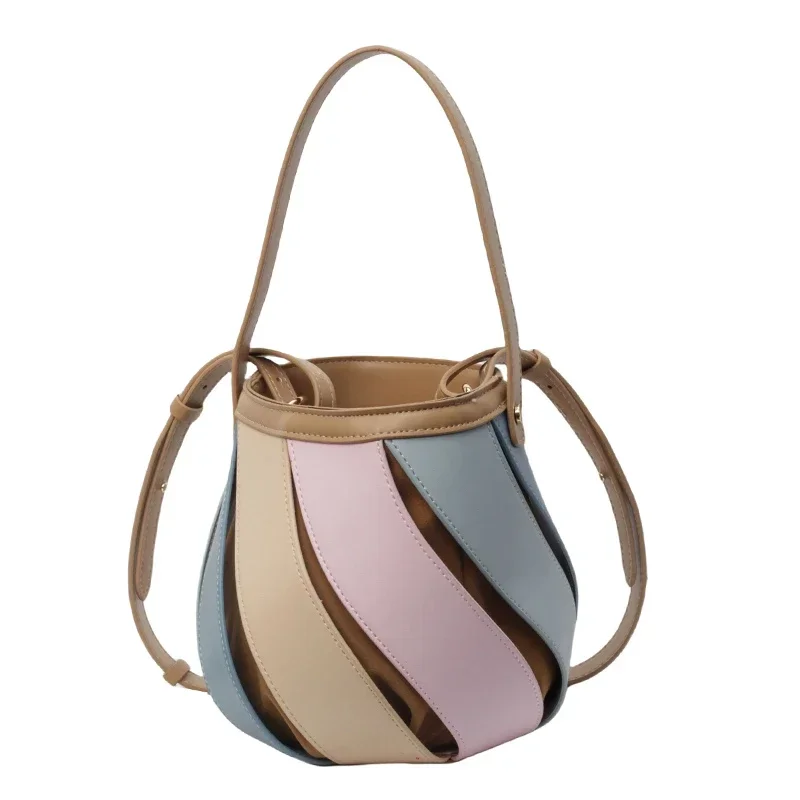 Single Shoulder Crossbody Bag New Niche Design Rainbow Contrasting Splicing Geometric Bucket Bag Cylindrical Handbag El Paquete