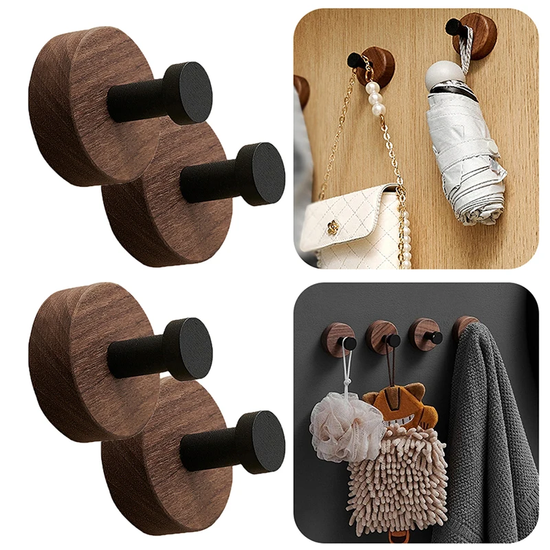 No Drilling Walnut Wood Coat Rack Hooks Black Wall Hangers for Hanging Key Clothes Bathroom Kitchen Robe and Towels and Entryway