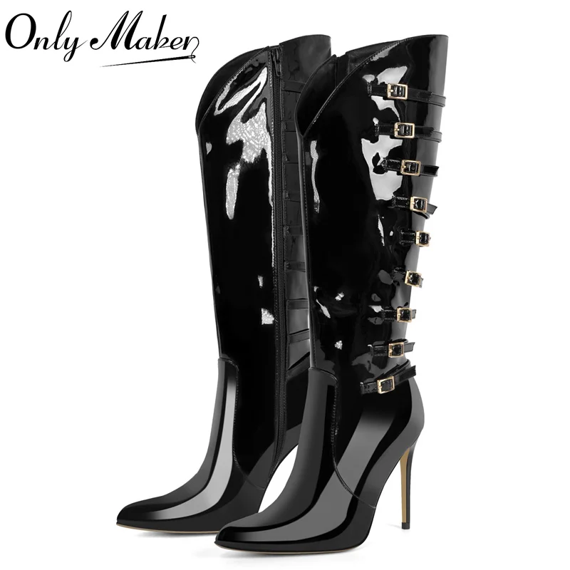 Onlymaker Women Pointed Toe Black Patent Leather Multi Buckle Stiletto Knee High Boots