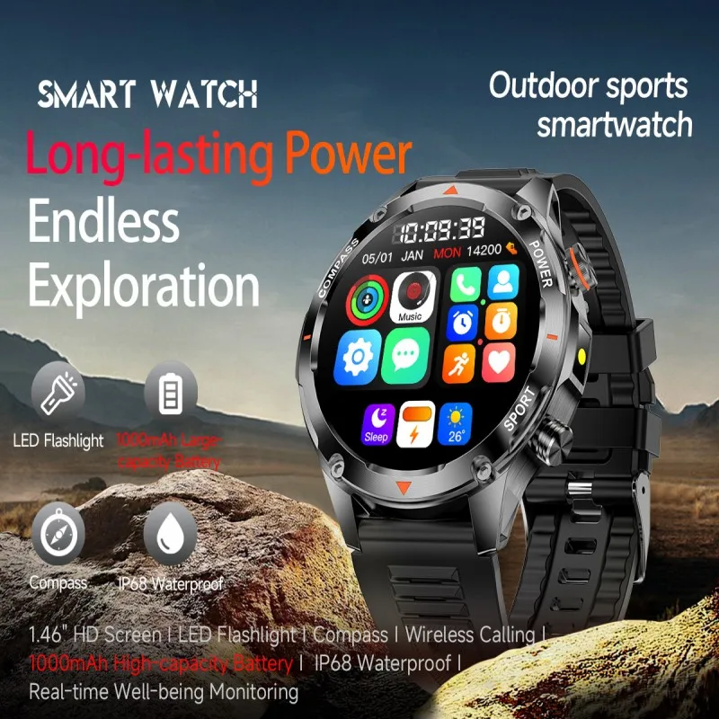 

V65 Outdoor Sports Smartwatch 1.46 Inch AMOLED With LED Flashlight Compass BT Call 1000mAH High-capacity Battery IP68 Waterproof
