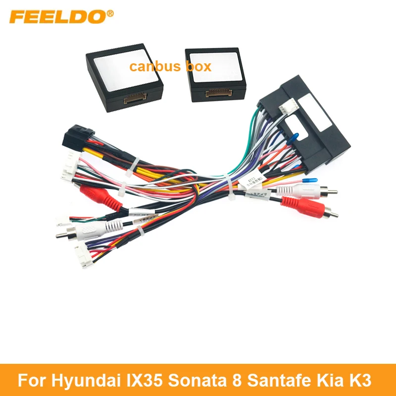 FEELDO Car Audio 16PIN DVD Player Power Calbe Adapter With 2 Canbus Boxes For Hyundai IX35 Sonata 8 Santafe Kia K3 Wiring Harnes