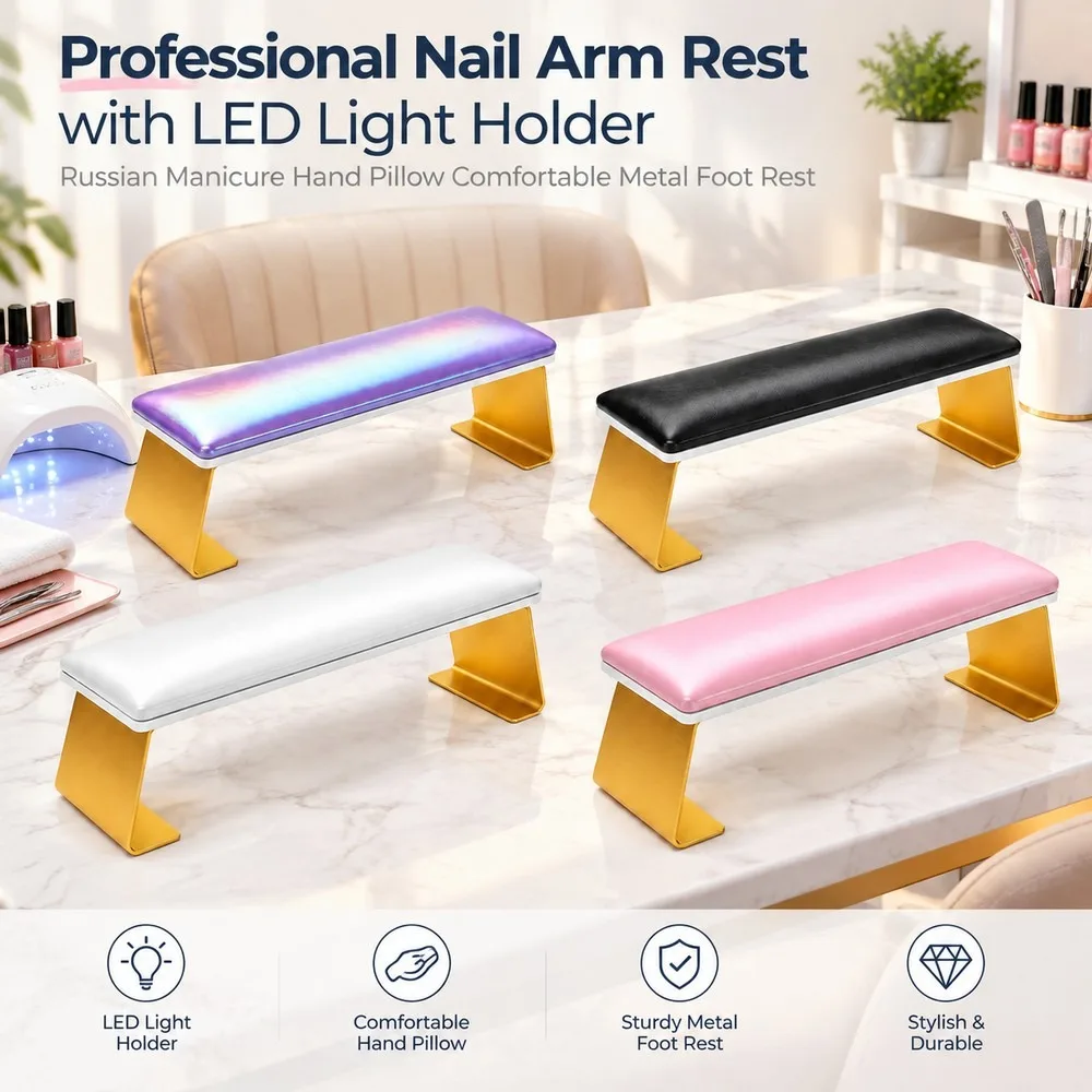 Nail Art Hand Rest Cushion Golden Metal Stand Soft PU Leather Armrest Manicure Salon Home DIY Comfortable Wrist Support Pillow