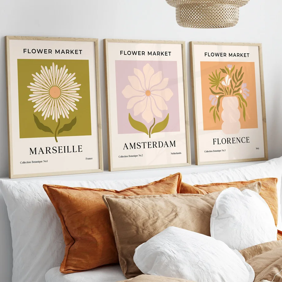 بوهو مجردة زهرة السوق فرنسا مدينة الأزهار الملصقات وطباعة جماليات الرسم على لوحات القماش الجدارية غرفة المعيشة ديكور المنزل