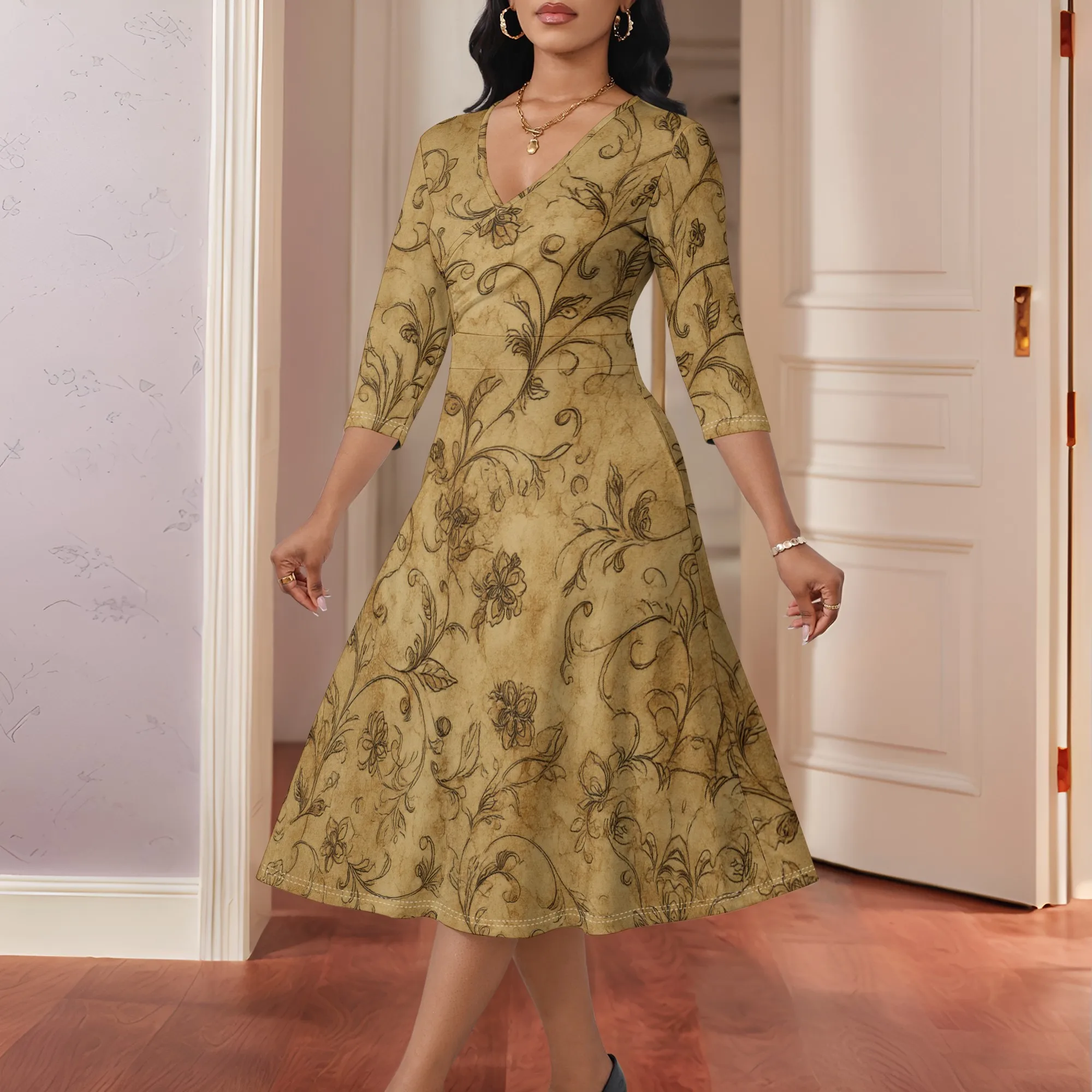 

Elegant Women's Vintage Floral Midi Dress 3/4 Sleeve A-Line Fit and Flare Party Dress Autumn Casual Dress XS-3XL
