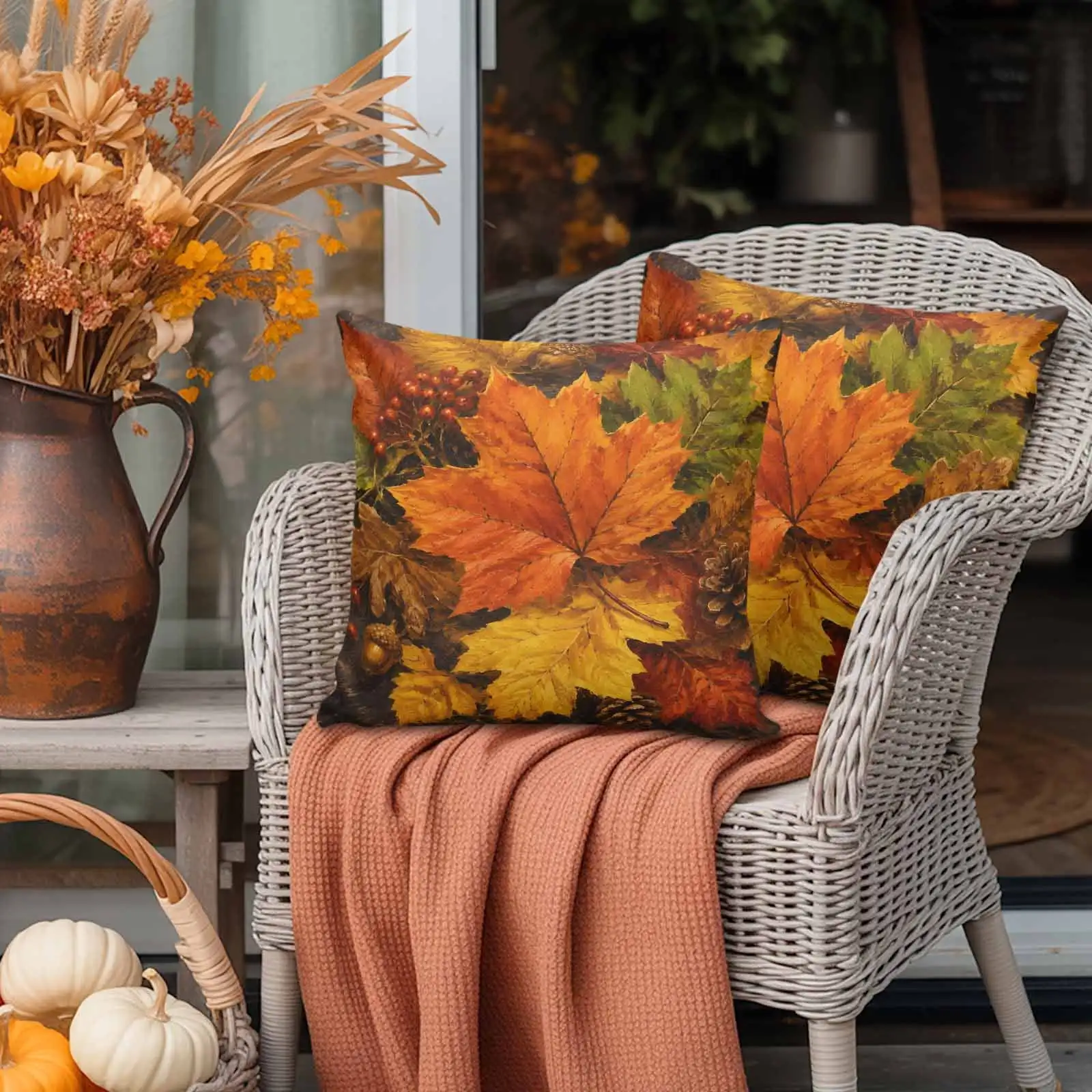 Waterproof Pillow Covers Set of 2,Autumn Thanksgiving Maple Leaves Outdoor Pillow Protectors with Zipper Pillowcases