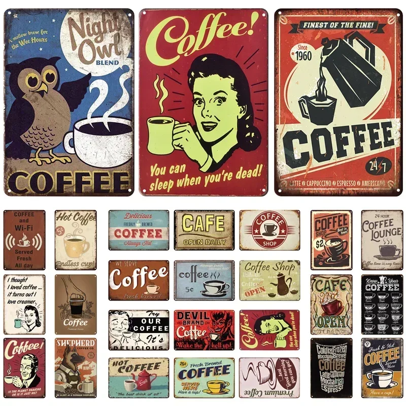 Vintage Coffee Metal Tin Signs Decorative Plate Retro Tea Time Metal Poster Plaque For Home Bar Cafe Indutrial Art Wall Decor