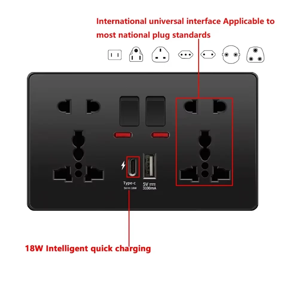 ELEGAN Nero Universale USB Tipo-C Presa di ricarica rapida Doppia spina di alimentazione a 5 pin 13A UK Internationa elettrica Interruttore della luce da parete