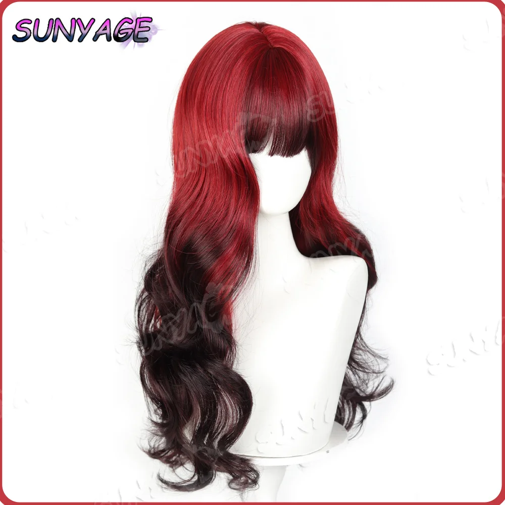 

Blood Red Black Ombre Long Wavy Synthetic Wig with Bangs Gothic Bride Halloween Costume Wig Heat Resistant Cosplay Hair Party