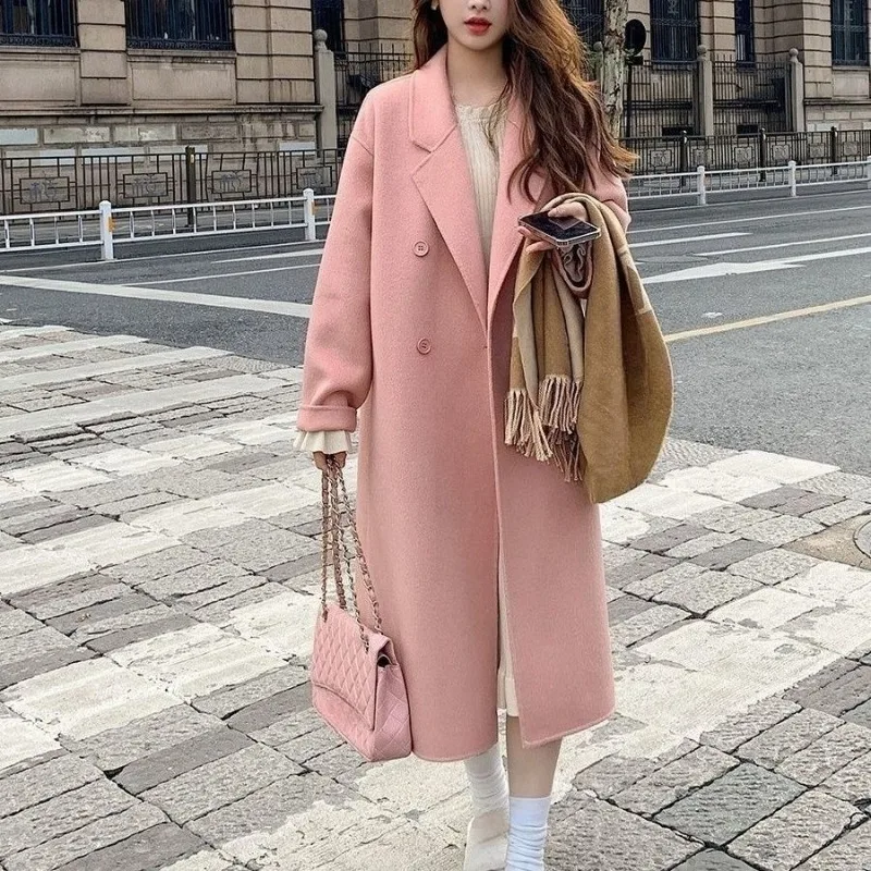 

Женское бархатное двустороннее розовое повседневное пальто, свободный шерстяной плащ средней длины с обычными плечами, модный корейский стиль для миниатюрных размеров