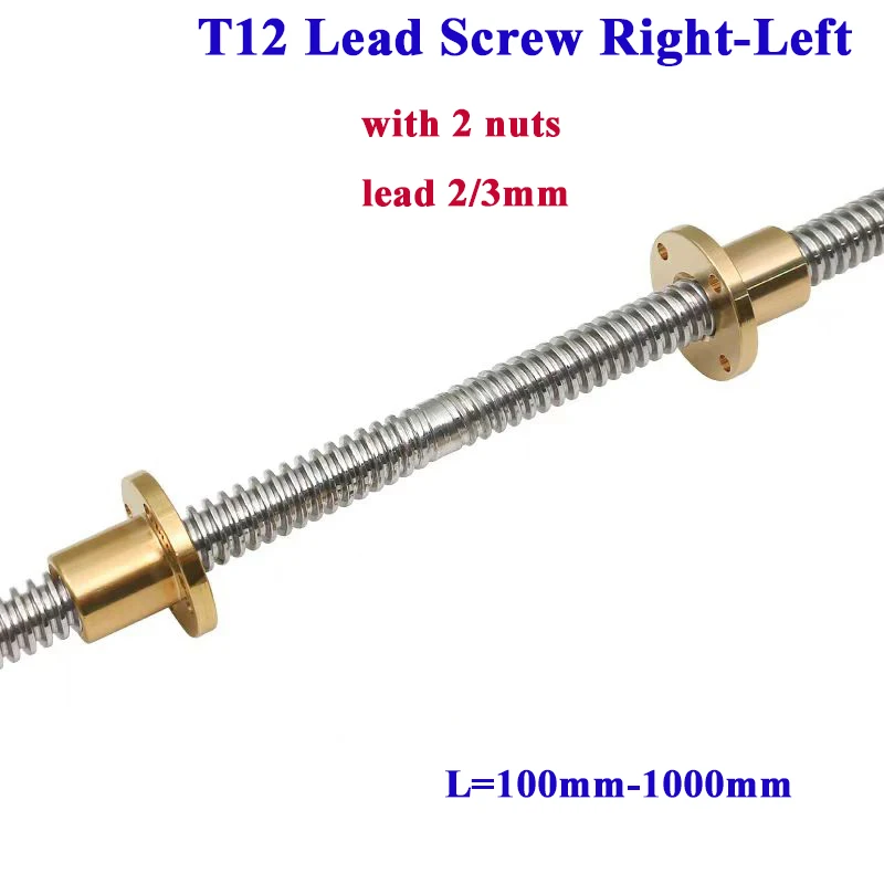 T12 Lead Screw Right-Left Thread Lead 2/3mm OD 12mm Lead Screw Trapezoidal Rod with Brass Nut for 3D Printer 304 Stainless Steel