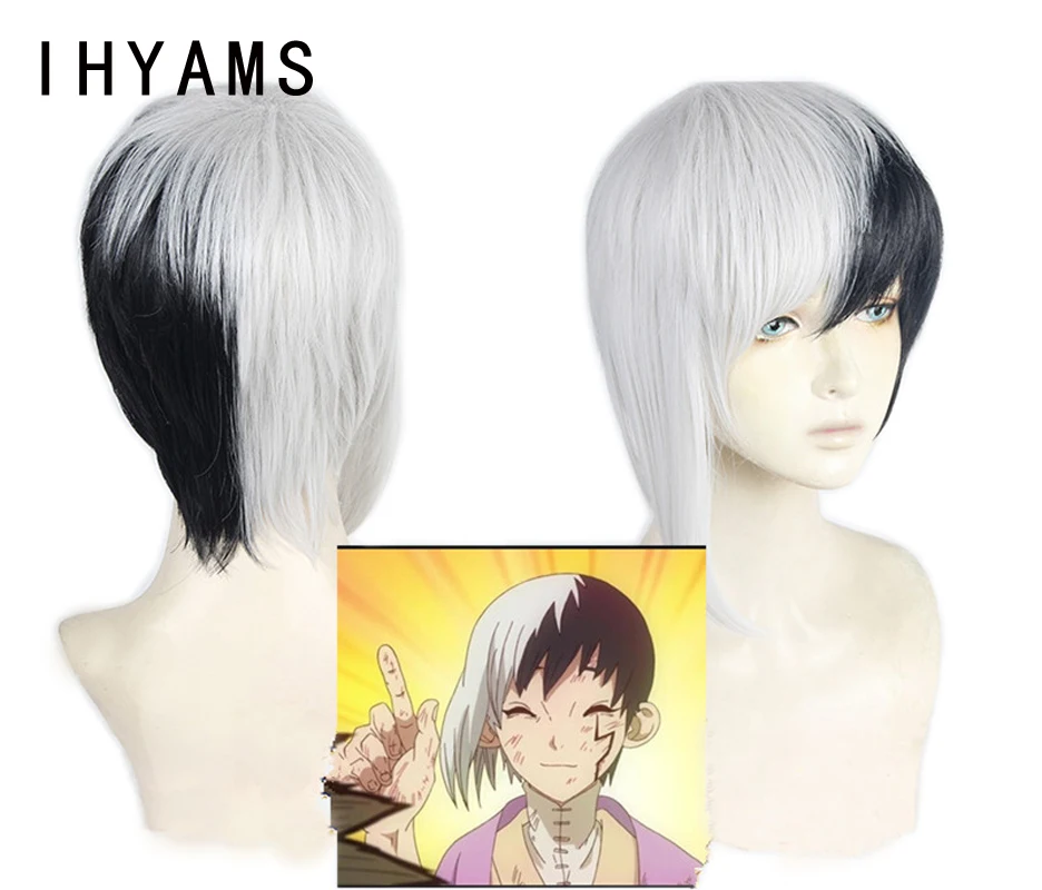 Cosplay Asagiri Gen Black Silver Grey Costume Wig Heat Resistance Fiber Synthetic Hair + Wig Cap