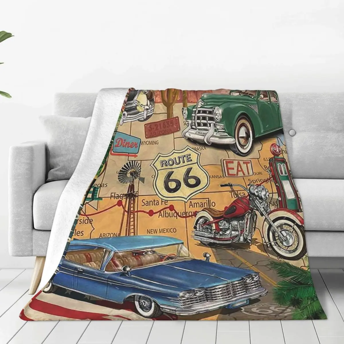 

Retro Car Motel Route 66 Blankets Fleece Print Portable Lightweight Thin Throw Blanket for Home Bedroom Bedspread