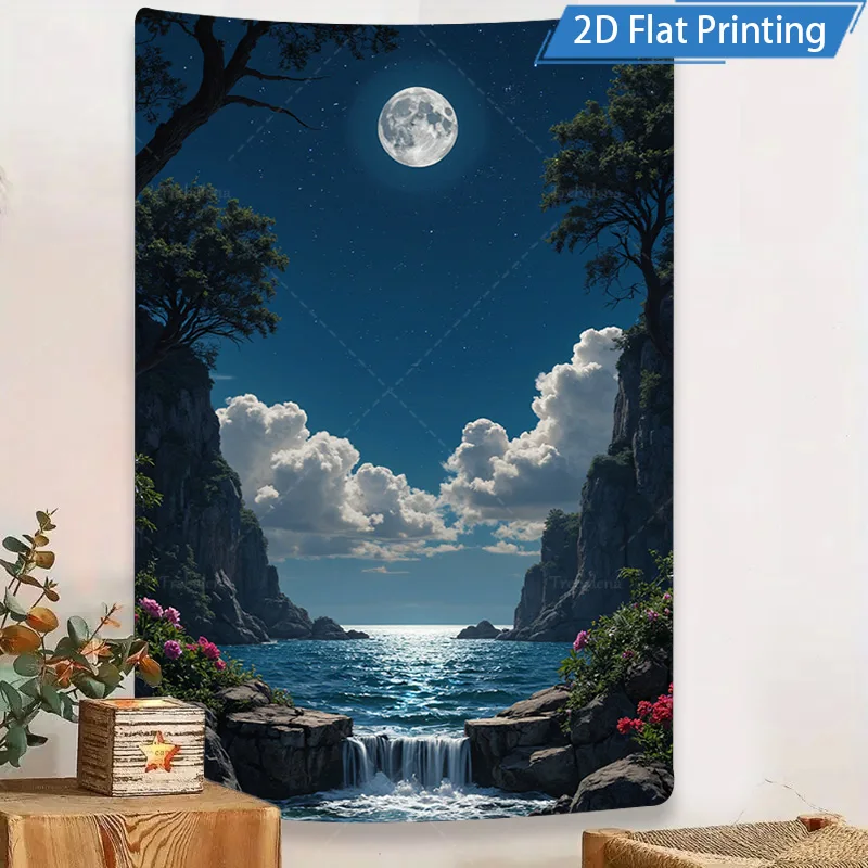 1pc Wall Tapestry "Starry Night Moonlight Ocean Scene Tapestry - Nature Landscape Wall Art"