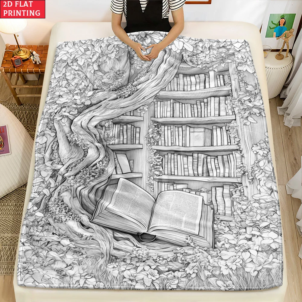 1pc 2D Flat Library Tree Printed Throw Blanket, Ultra‑Soft Lightweight Blanket, Home Decor for Sofa, Bed, Living Room,  Chair