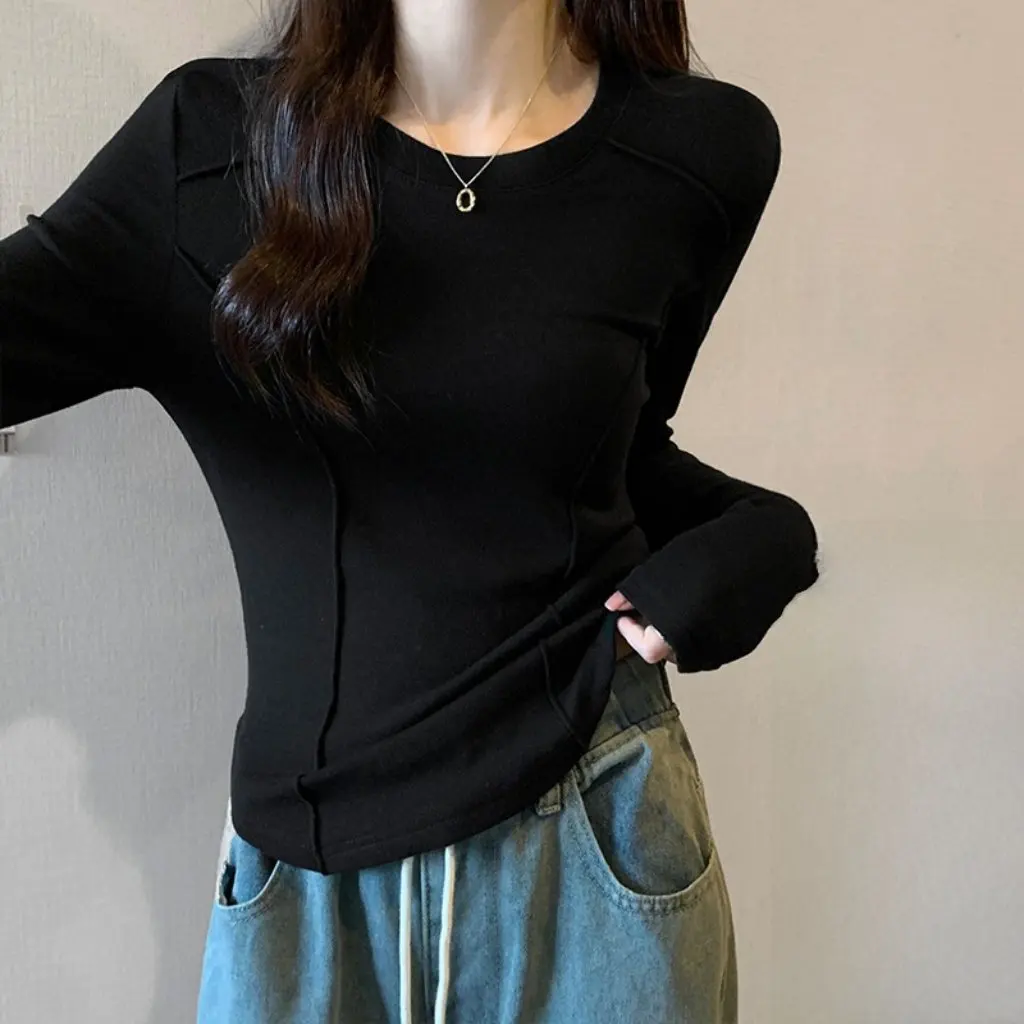 

Women's Knitted Long-Sleeved Base Shirt Slim-Fit round Neck Pullover Top Hot Girl T-Shirt Autumn Outer Wear