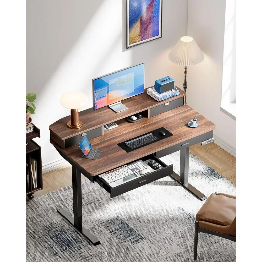 Ergonomic 48x30 Electric Standing Desk, 4 Drawers, Adjustable Height, 2-Tier, C-Clamp Monitor Mount, Walnut