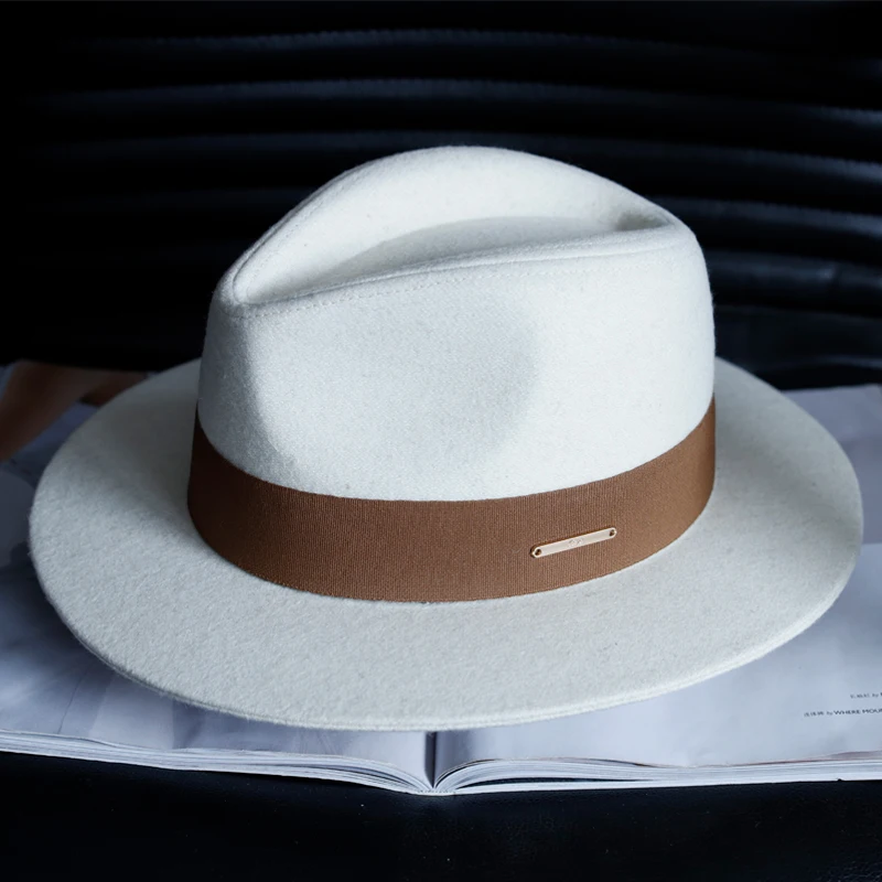 New Autumn And Winter White Woolen Top Hat For Men And Women With Big Head Round Flat Brim Felt Hat With Camel Top Hat