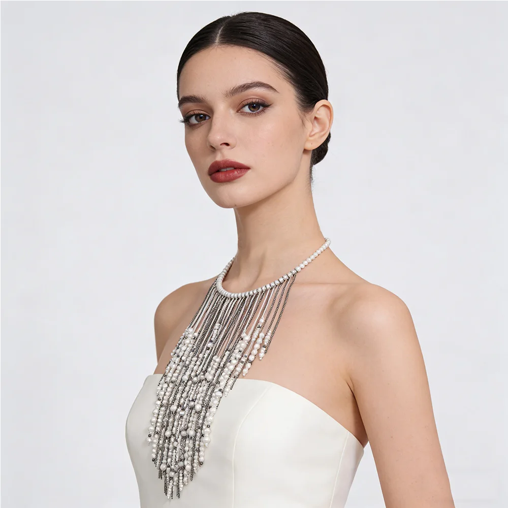 

Vintage Imitation Pearls Waterfall Tassels Necklaces for Women Fashion Beaded Choker Statement Jewelry Female Accessory Gift