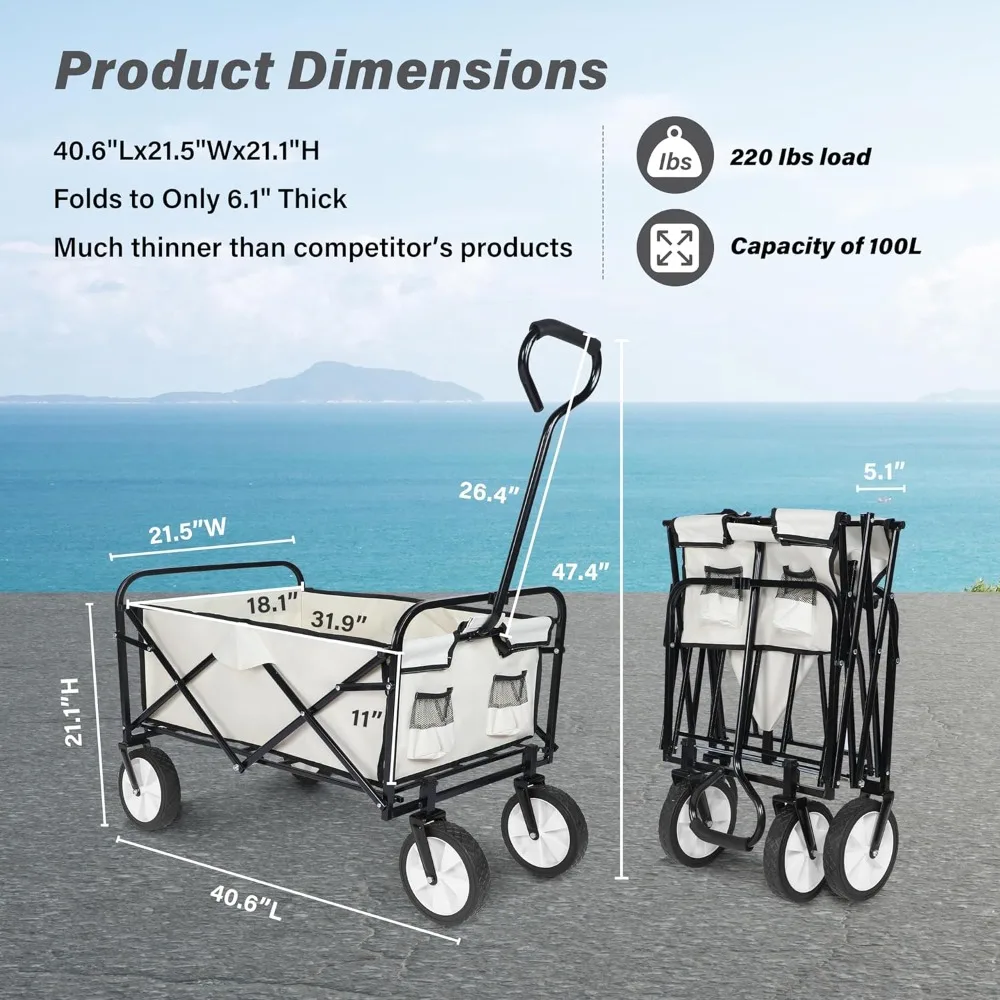 YSSOA Portable Rolling Folding Garden Cart with 360 Degree Swivel Anti-Slip Wheels & Adjustable Handle, 220lbs Weight Capacity