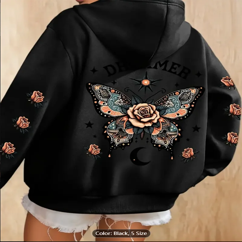 

Толстовка с бабочкой, уютная женская толстовка больших размеров с цветочным принтом бабочки, повседневная толстовка большого размера с длинными рукавами и передним карманом