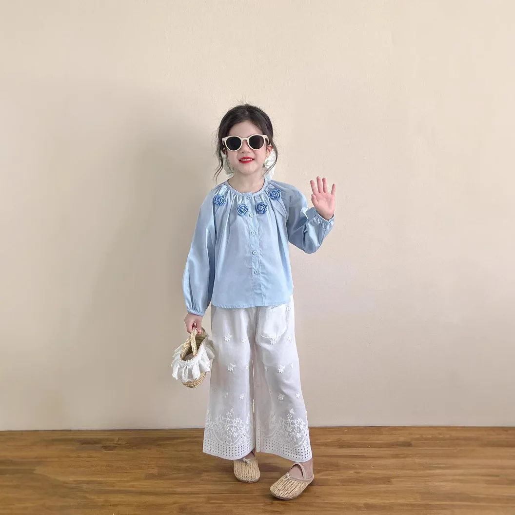

2025 Spring Girls' Temperament Light Blue Bubble Sleeve Three-dimensional Flower Shirt Thin Jacquard Straight Pants