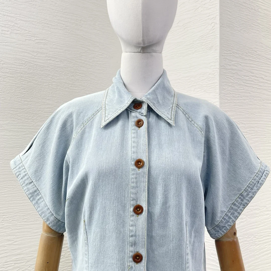 

New 2025 High Quality Blue Short Sleeve Jeans Denim Blouse Tops and Midi Skirt Set