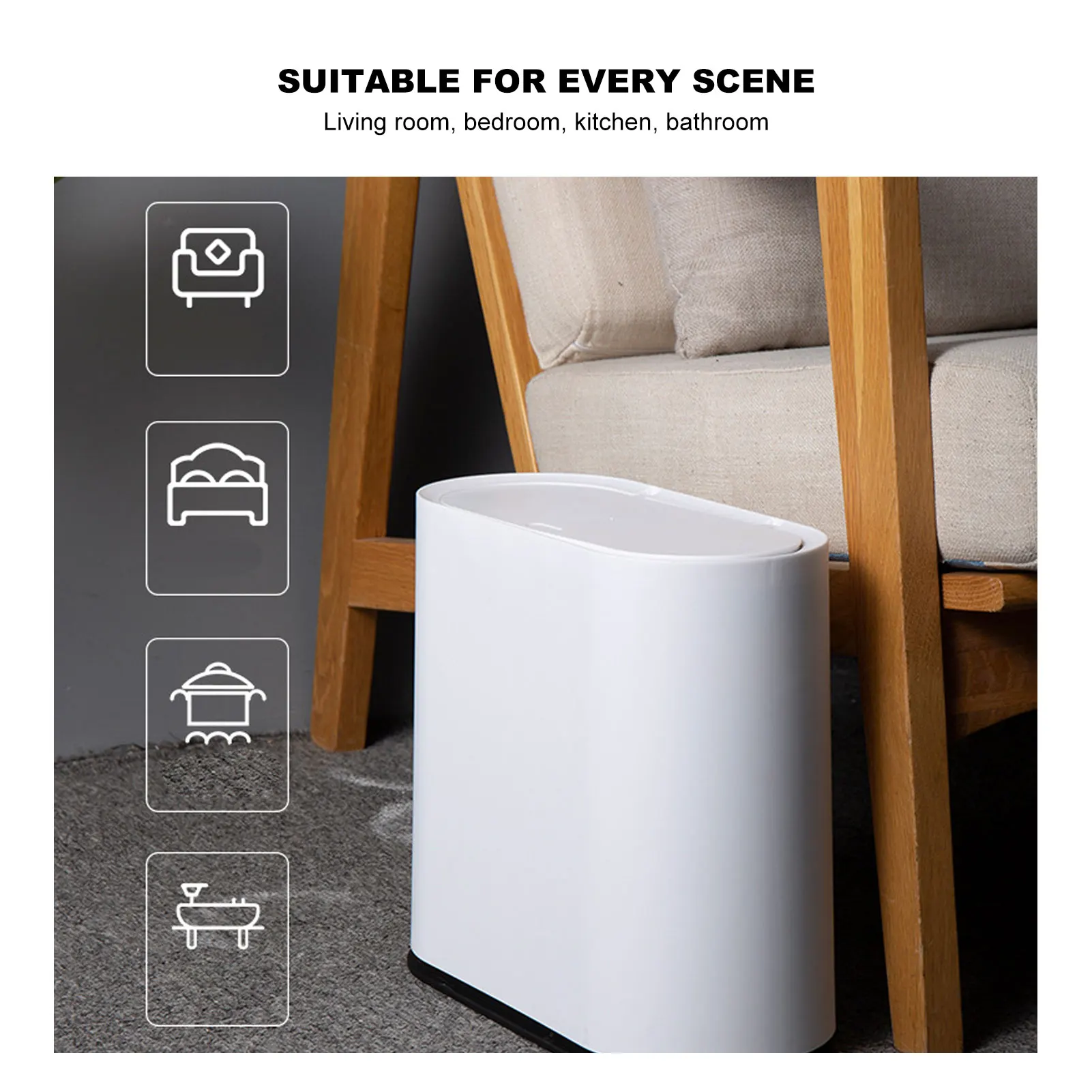 Garbage Container Bin Plastic Trash Can with Press Type Lid Big White Garbage Container Bin for Bathroom Bedroom Kitchen Office