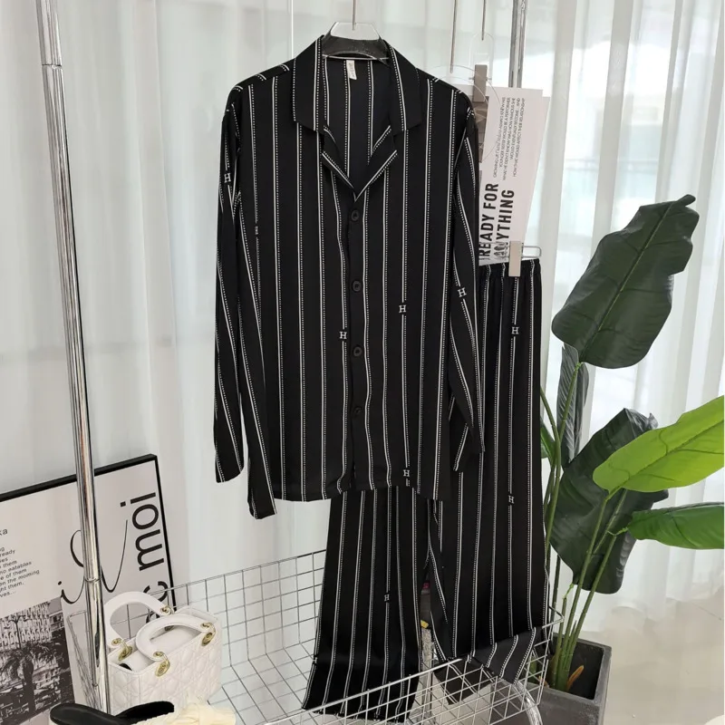 2025 Autumn Winter Black Couple Pajamas Women Ice Silk Long Sleeve Pants Two Piece Set Stripe Nightgown Sleepwear Homesuit