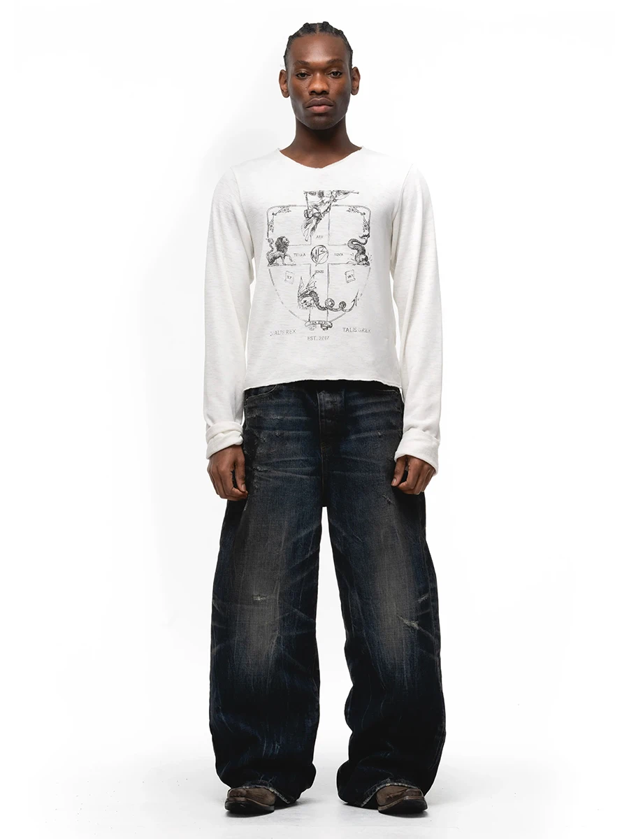 

Nofaith Studios V-Ne Long Sve Slim Fit Повседневный топ с ручной росписью и принтом подростковая футболка из полиэфирного волокна